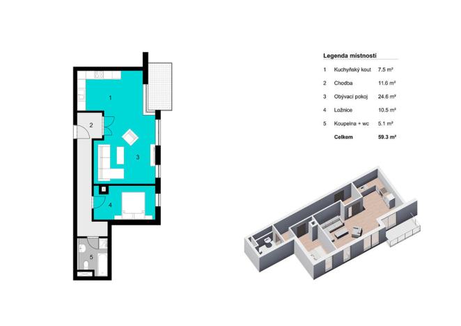 Prodej bytu 2+kk, Praha - Hodkovičky, U Zátiší, 59 m2