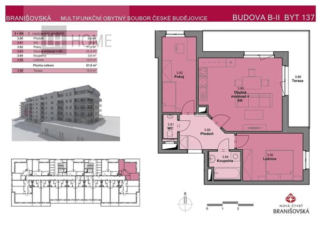 Prodej bytu 3+kk, České Budějovice, Branišovská, 61 m2