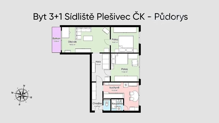 Prodej bytu 3+1, Český Krumlov, Sídliště Plešivec, 74 m2