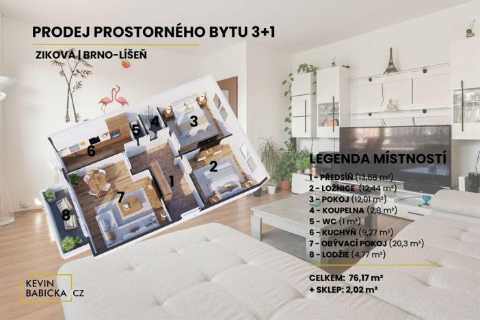 Prodej bytu 3+1, Brno - Líšeň, Zikova, 76 m2