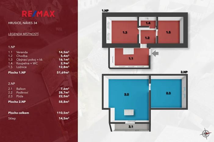 Prodej rodinného domu, Hrusice, Náves, 103 m2