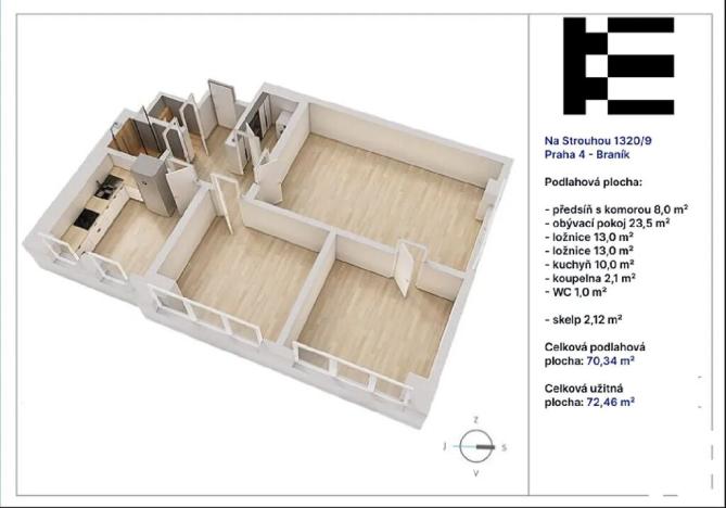 Pronájem bytu 3+1, Praha - Braník, Nad strouhou, 73 m2