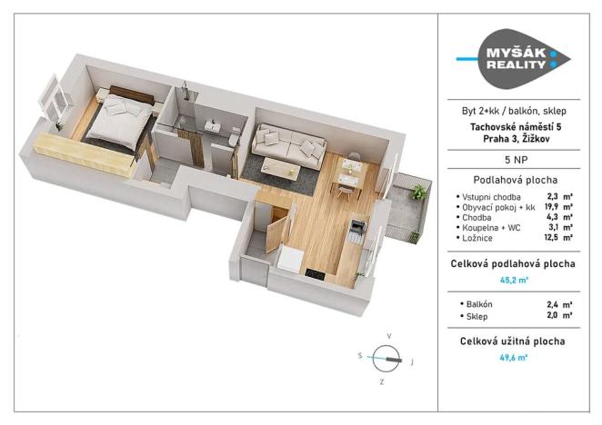 Pronájem bytu 2+kk, Praha - Žižkov, Tachovské náměstí, 50 m2