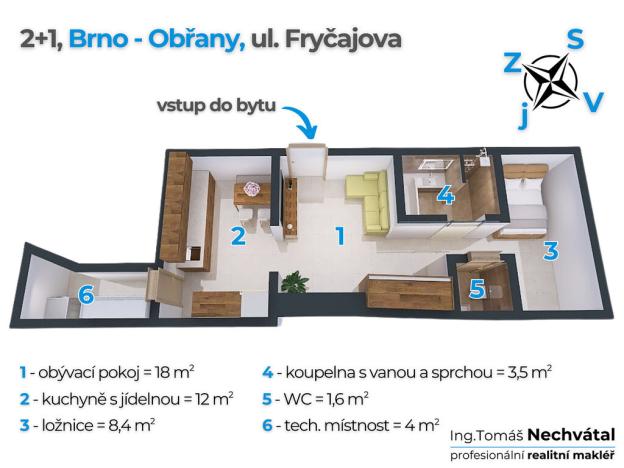 Pronájem bytu 2+1, Brno - Obřany, Fryčajova, 48 m2