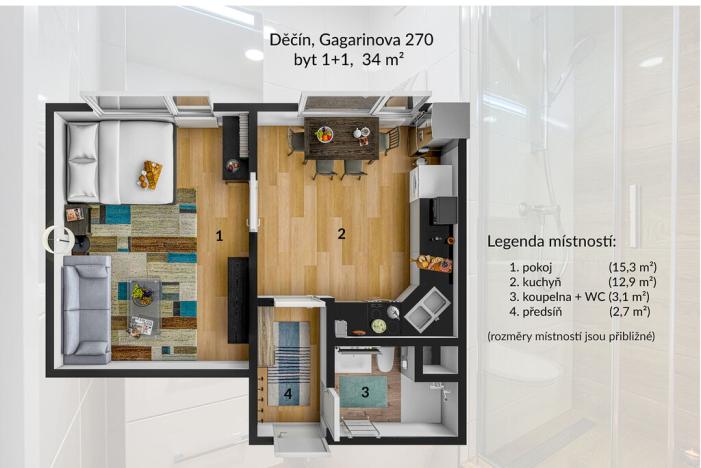 Pronájem bytu 1+1, Děčín - Děčín IX-Bynov, Gagarinova, 34 m2