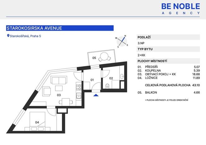 Pronájem bytu 2+kk, Praha - Košíře, Starokošířská, 43 m2