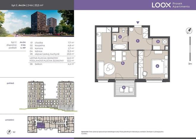 Pronájem bytu 2+kk, Praha - Prosek, Litoměřická, 54 m2