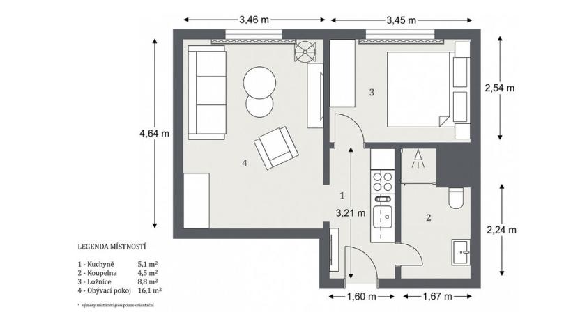 Pronájem bytu 2+kk, Hradec Králové - Nový Hradec Králové, Fričova, 35 m2