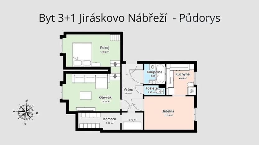 Prodej bytu 3+1, České Budějovice, Jiráskovo nábř., 68 m2