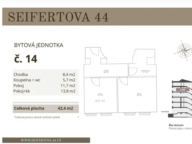 Prodej bytu 2+kk, Praha - Žižkov, Seifertova, 41 m2