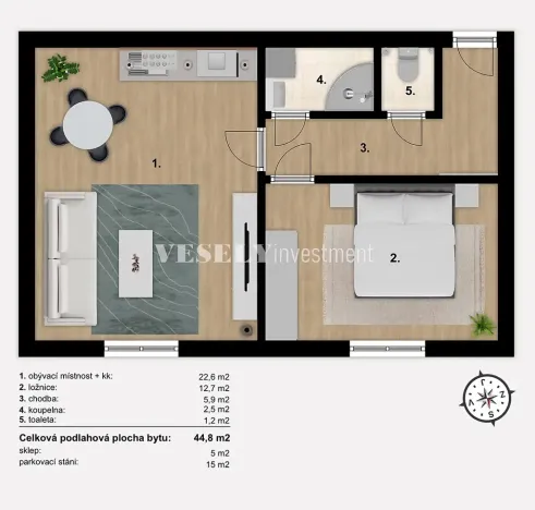 Prodej bytu 2+kk, Benešov, Rubešova, 45 m2