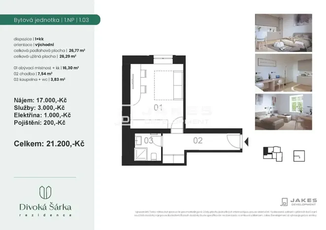 Pronájem bytu 1+kk, Praha - Liboc, Jenečská, 27 m2