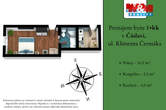 Pronájem bytu 1+kk, Čáslav - Čáslav-Staré Město, Klimenta Čermáka, 24 m2