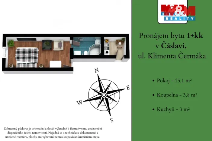 Pronájem bytu 1+kk, Čáslav - Čáslav-Staré Město, Klimenta Čermáka, 21 m2
