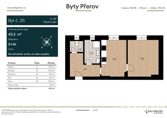 Prodej bytu 2+kk, Přerov, Husova, 43 m2