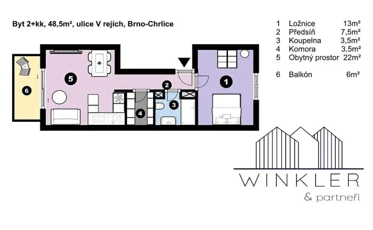 Pronájem bytu 2+kk, Brno, V rejích, 49 m2