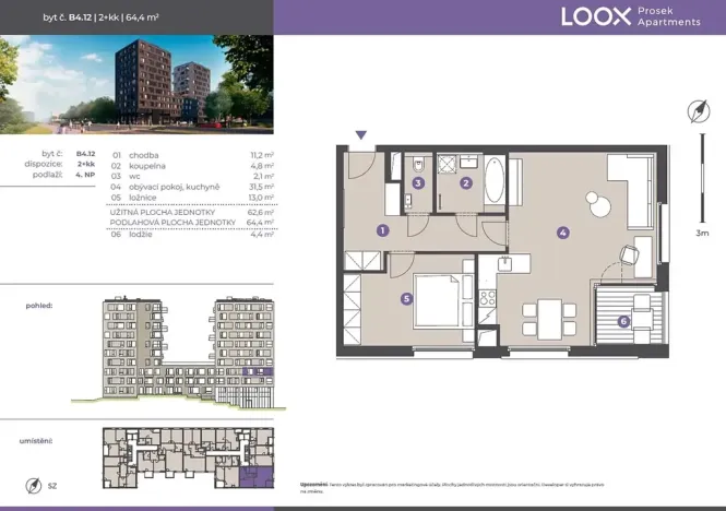 Pronájem bytu 2+kk, Praha - Prosek, Litoměřická, 63 m2