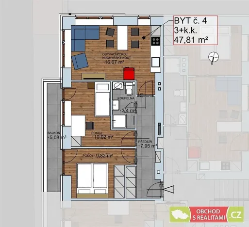 Pronájem bytu 3+kk, Praha, Na Výšince, 50 m2