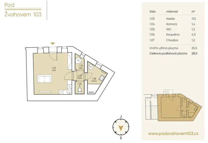 Prodej bytu 1+kk, Praha - Hlubočepy, Pod Žvahovem, 28 m2