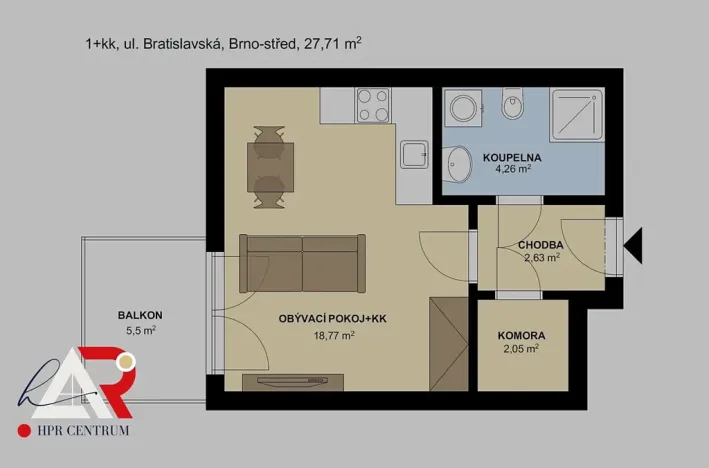 Pronájem bytu 1+kk, Brno, Bratislavská, 28 m2