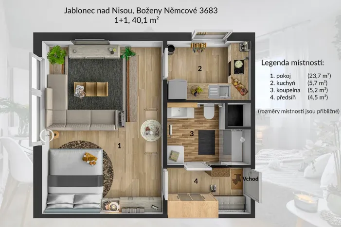 Pronájem bytu 1+1, Jablonec nad Nisou - Mšeno nad Nisou, Boženy Němcové, 40 m2