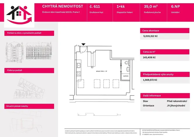 Prodej bytu 1+kk, Praha - Nové Město, Kateřinská, 35 m2