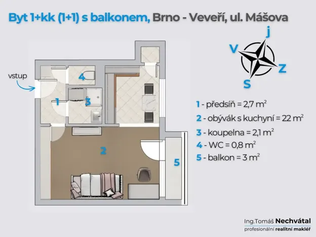 Prodej bytu 1+1, Brno - Veveří, Mášova, 30 m2