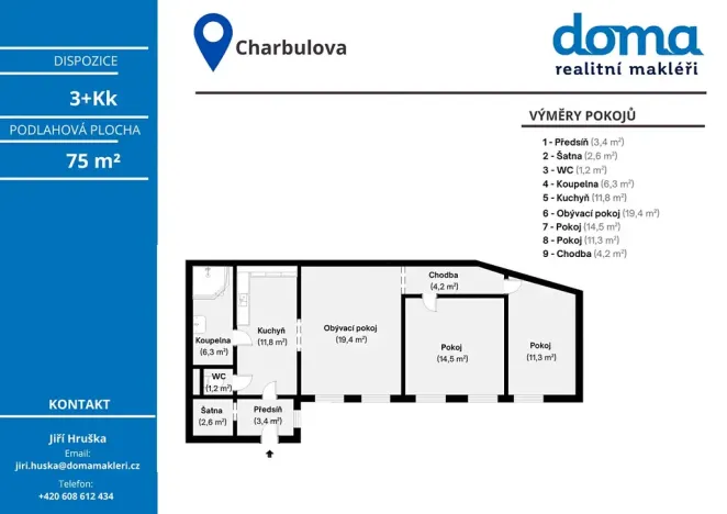 Prodej bytu 3+kk, Brno, Charbulova, 75 m2