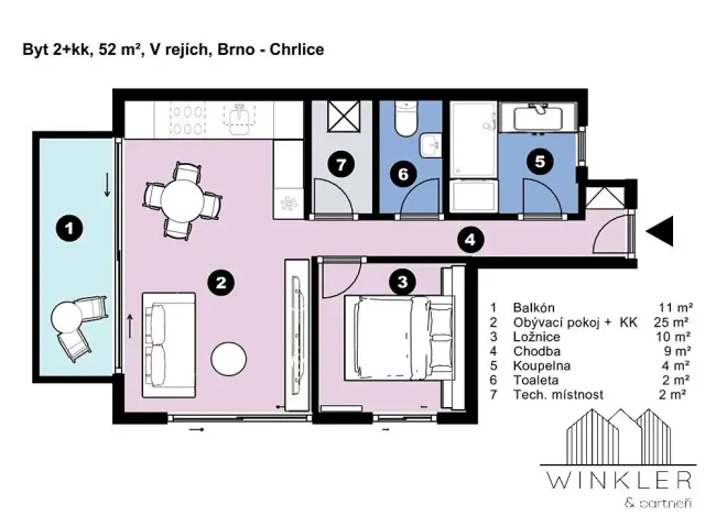 Pronájem bytu 2+kk, Brno, V rejích, 63 m2