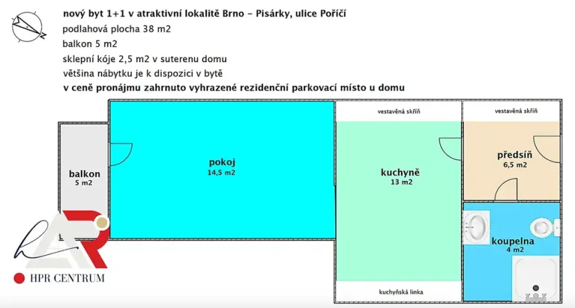 Pronájem bytu 1+1, Brno, Poříčí, 43 m2