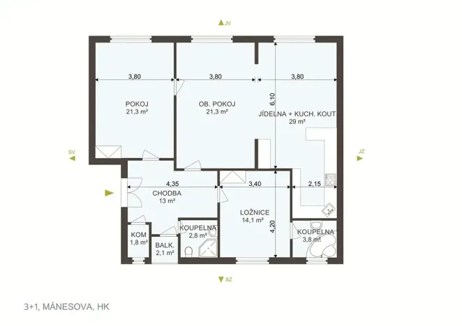 Pronájem bytu 3+1, Hradec Králové, Mánesova, 100 m2