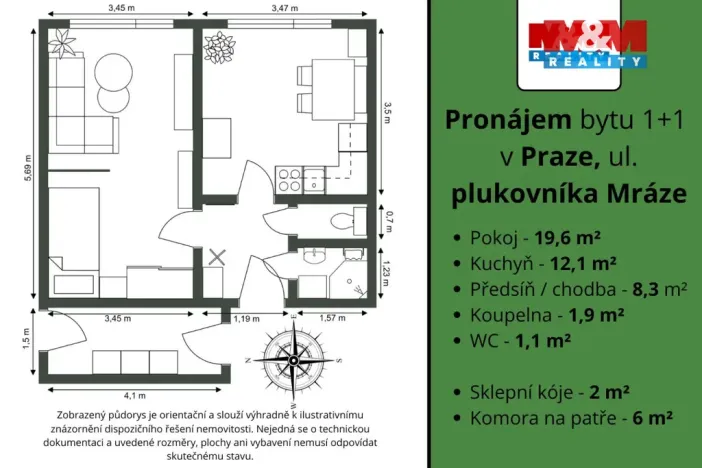 Pronájem bytu 1+1, Praha - Hostivař, plukovníka Mráze, 43 m2