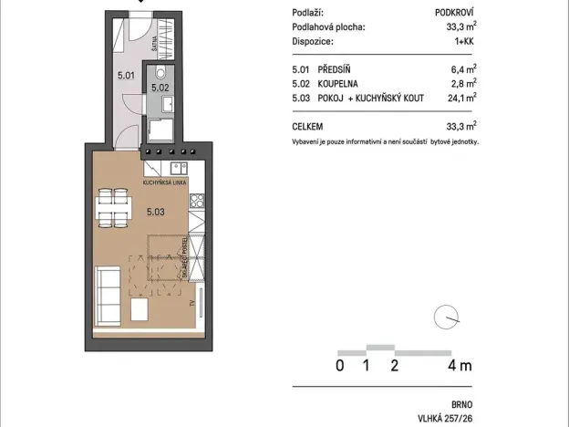 Pronájem bytu 1+kk, Brno, Vlhká, 33 m2