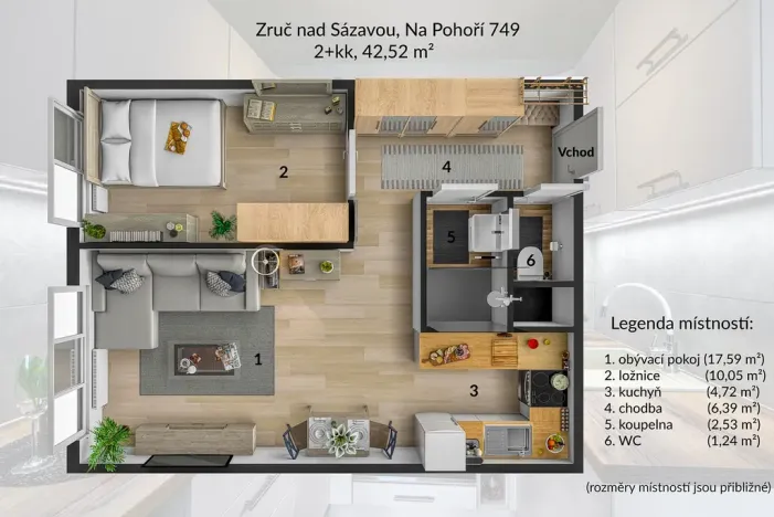 Pronájem bytu 2+kk, Zruč nad Sázavou, Na Pohoří, 43 m2