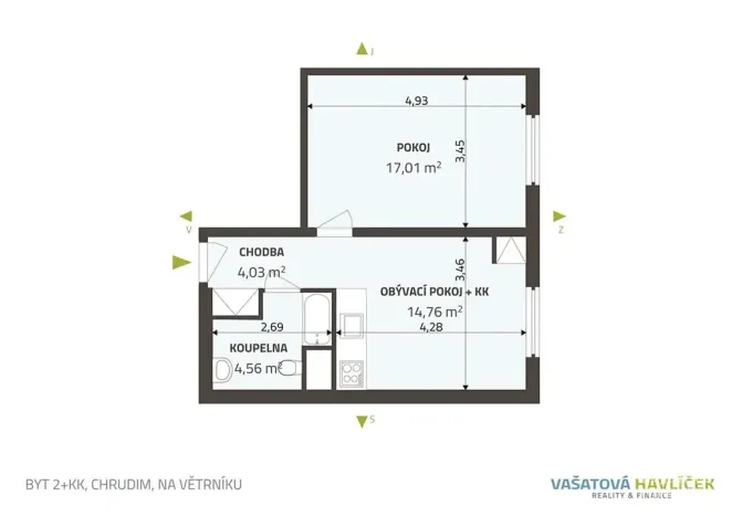 Pronájem bytu 2+kk, Chrudim, Na Větrníku, 41 m2