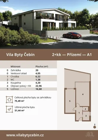 Prodej bytu 1+kk, Čebín, 51 m2