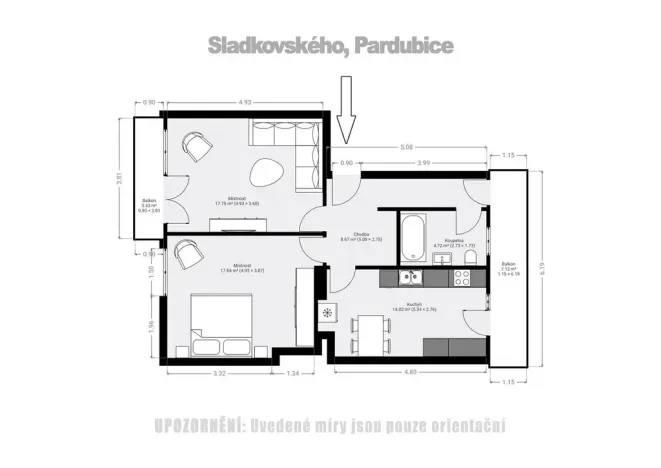 Prodej bytu 2+1, Pardubice - Zelené Předměstí, Sladkovského, 76 m2