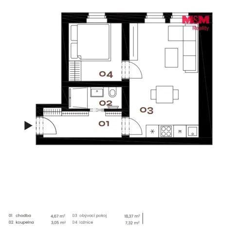 Prodej bytu 2+kk, Praha - Smíchov, Grafická, 35 m2