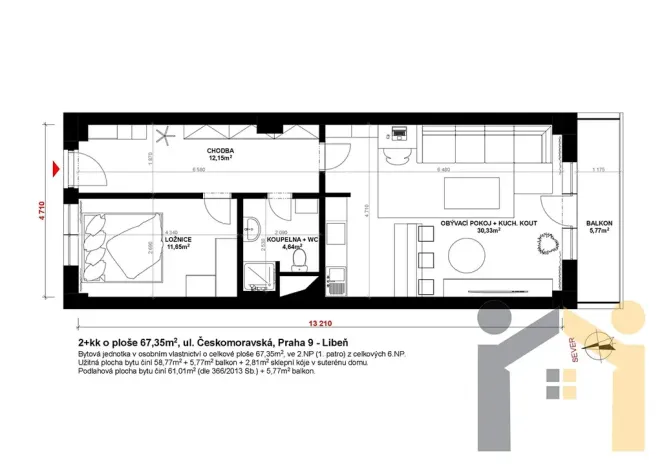 Prodej bytu 2+kk, Praha - Libeň, Českomoravská, 64 m2