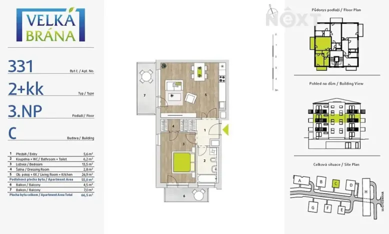 Pronájem bytu 2+kk, Horoměřice, T. G. Masaryka, 55 m2