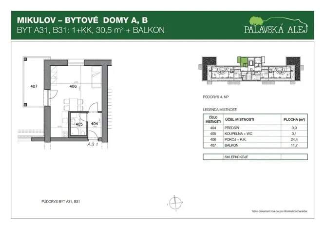 Pronájem bytu 1+kk, Mikulov, Bezručova, 30 m2