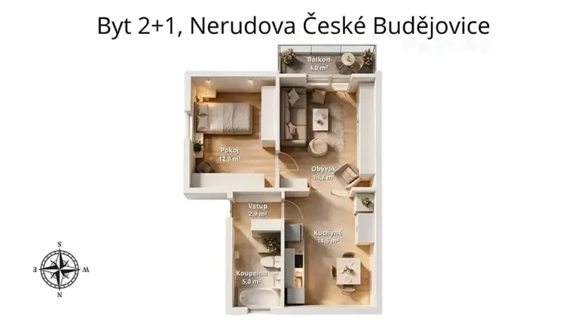 Prodej bytu 2+1, České Budějovice, Nerudova, 56 m2