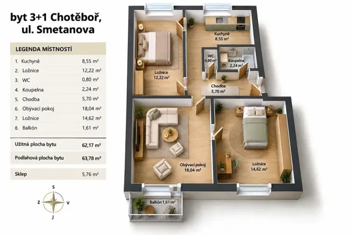 Prodej bytu 3+1, Chotěboř, Smetanova, 62 m2