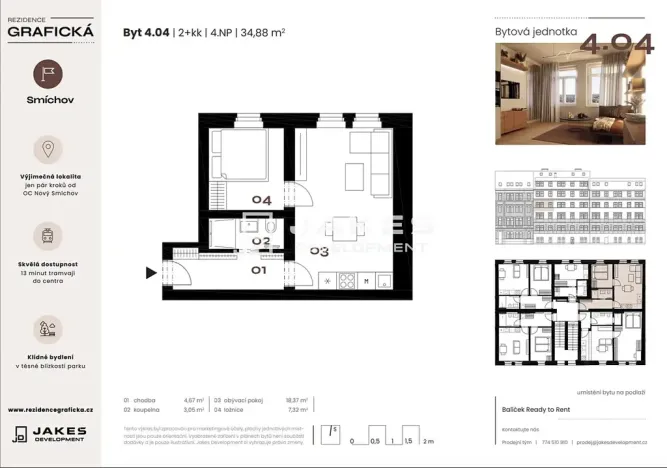 Pronájem bytu 2+kk, Praha - Smíchov, Grafická, 35 m2
