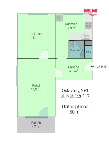 Prodej bytu 2+1, Oslavany, Nábřežní, 50 m2