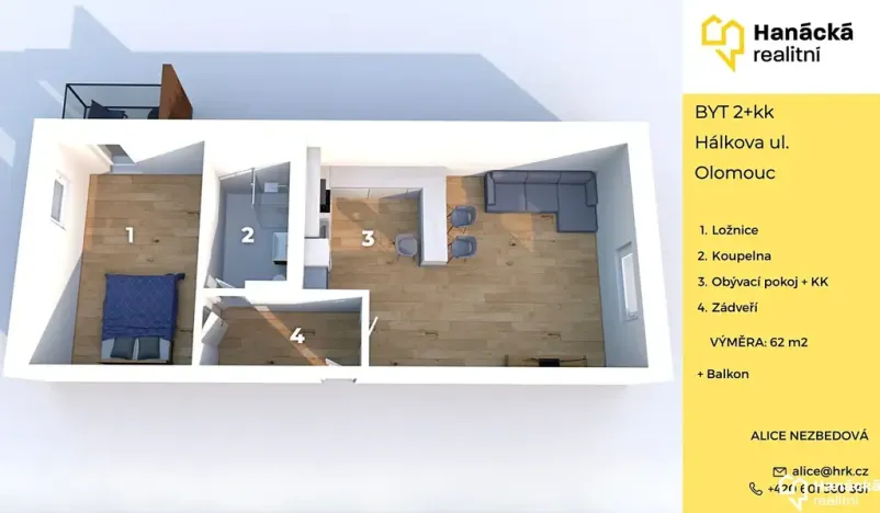 Pronájem bytu 2+kk, Olomouc, Hálkova, 62 m2
