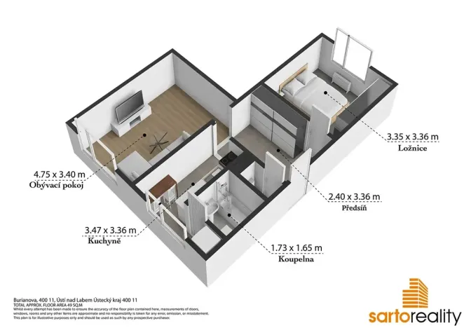 Prodej bytu 2+1, Ústí nad Labem, Burianova, 49 m2