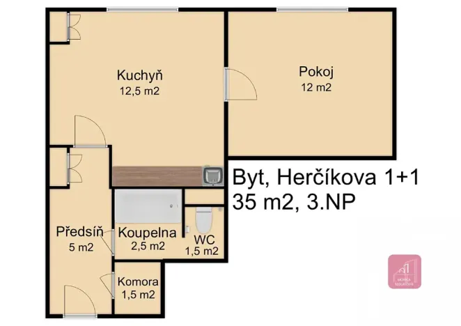Pronájem bytu 1+1, Brno, Herčíkova, 35 m2